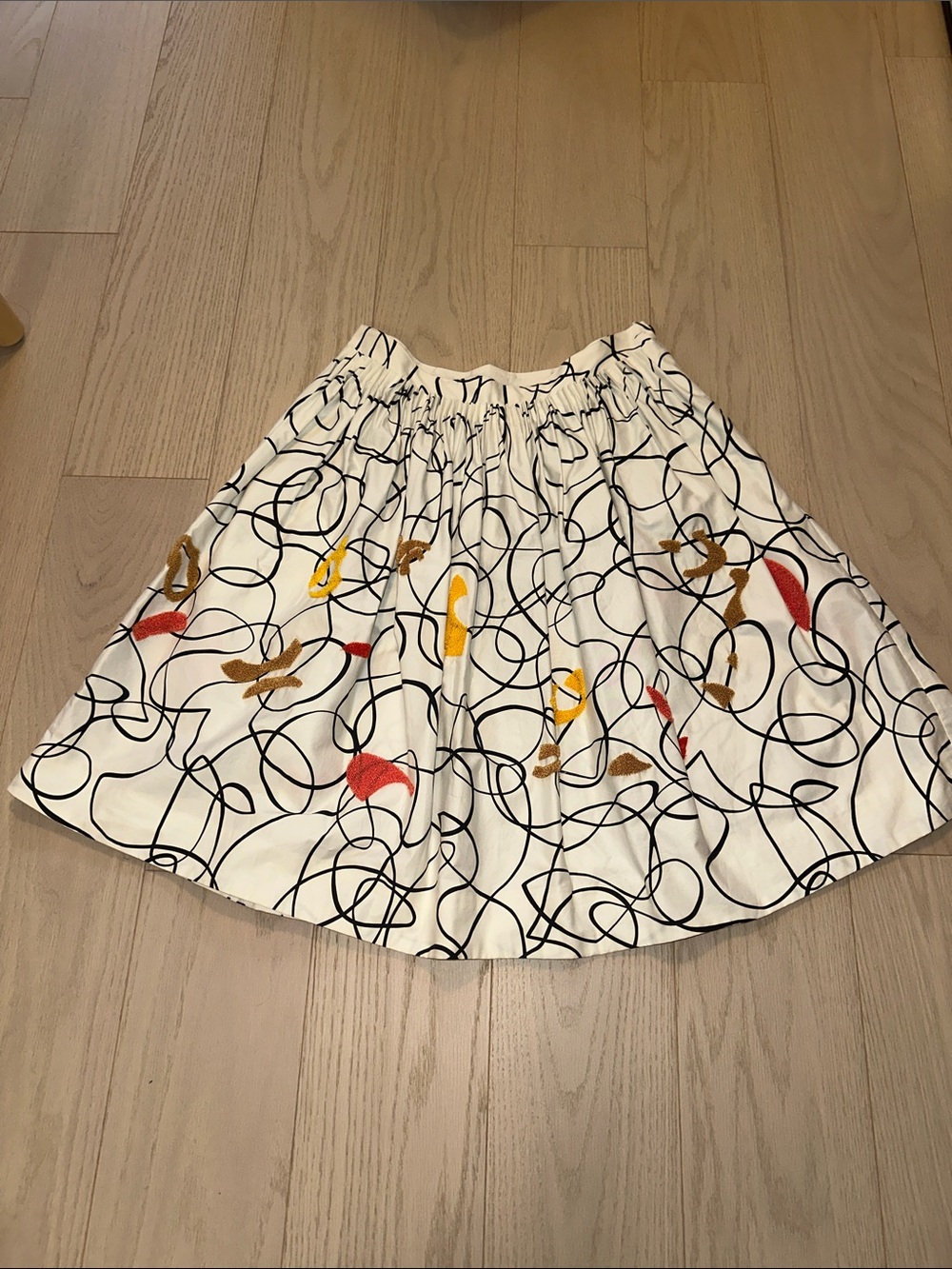 White Circle Skirt with Black Line Print and Multicolor Embroidery